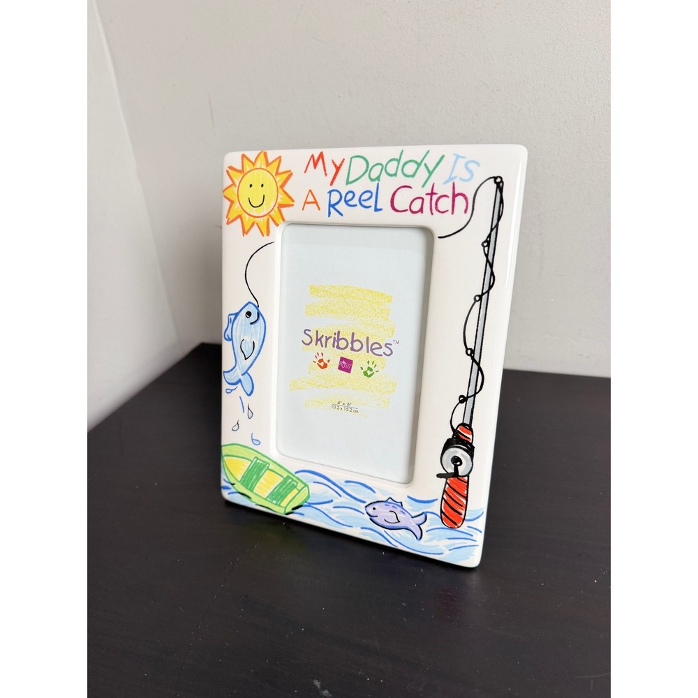 Russ Berrie Skribbles My Daddy Is A Reel Catch Fishing Ceramic 4x6 Picture Frame